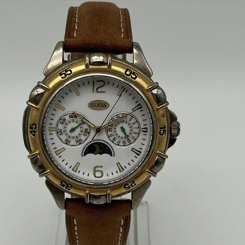 Vintage Guess Mens Watch 38mm White Dial Brown Leather Moonphase New Battery